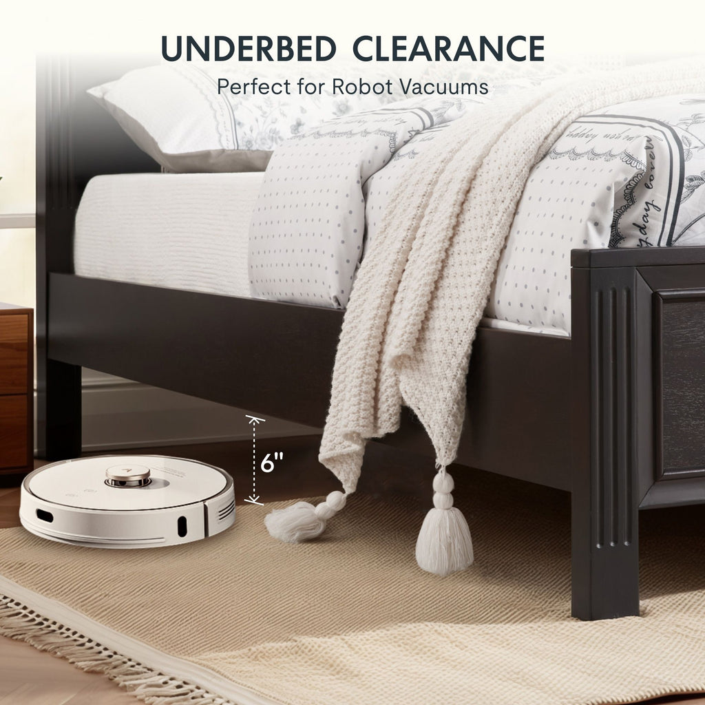 Queen Size Bed Frame with Rattan Woven Headboard and Roman Column Details, Solid Wood Slats, Reinforced Center Support Legs, 1,100 lbs Weight Capacity, 6" Under-Bed Clearance and Raised Footboard
