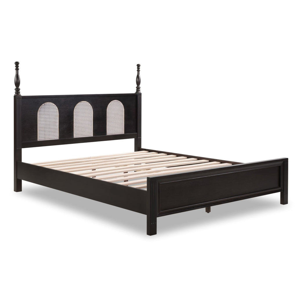 Queen Size Bed Frame with Rattan Woven Headboard and Roman Column Details, Solid Wood Slats, Reinforced Center Support Legs, 1,100 lbs Weight Capacity, 6" Under-Bed Clearance and Raised Footboard