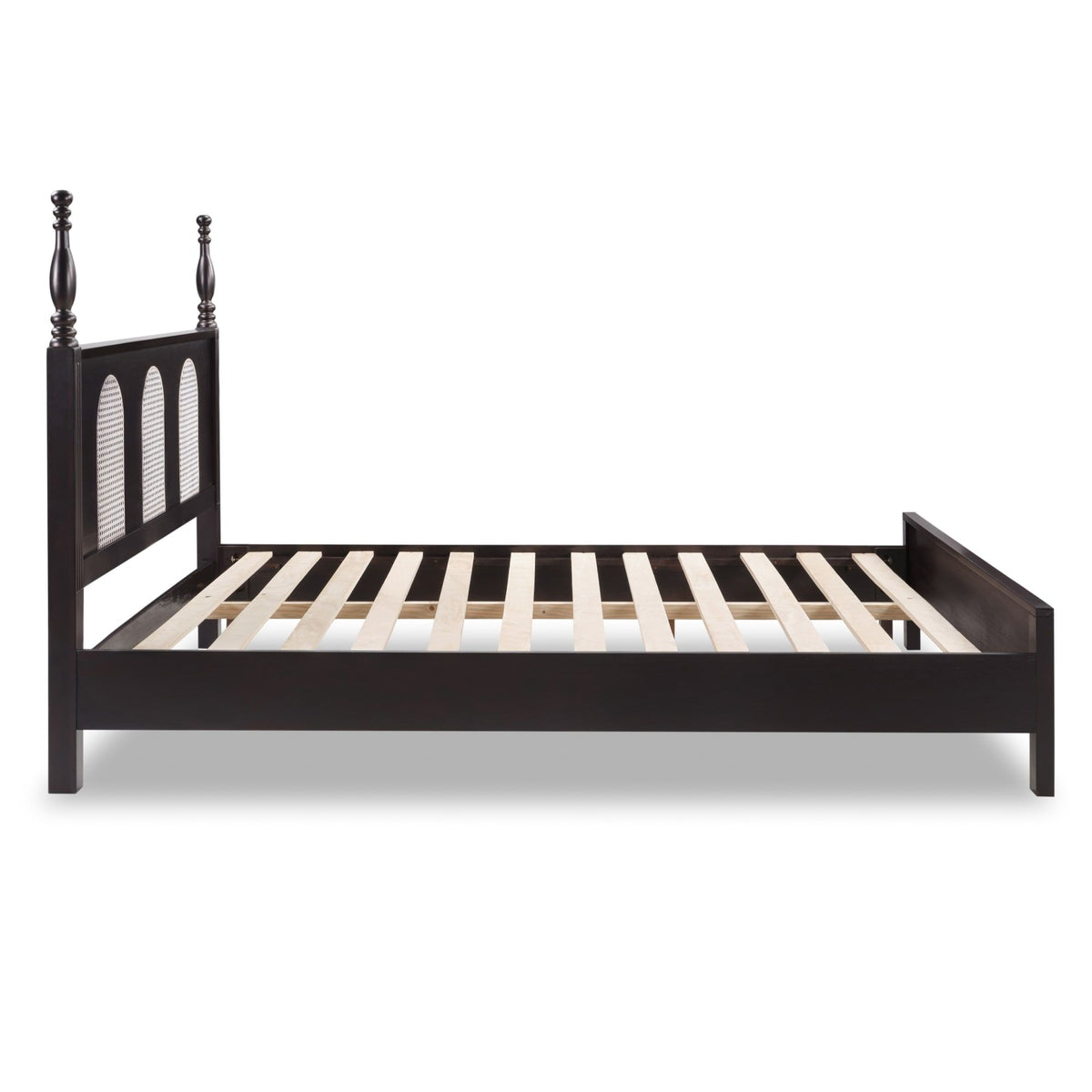 Queen Size Bed Frame with Rattan Woven Headboard and Roman Column Details, Solid Wood Slats, Reinforced Center Support Legs, 1,100 lbs Weight Capacity, 6" Under-Bed Clearance and Raised Footboard