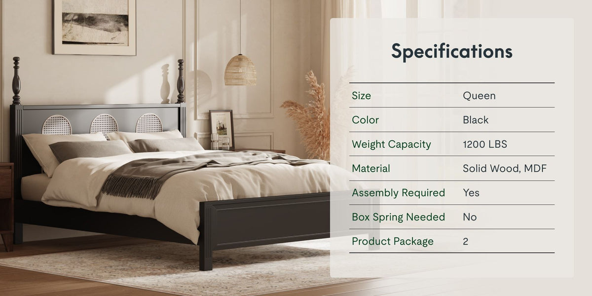 Queen Size Bed Frame with Rattan Woven Headboard and Roman Column Details, Solid Wood Slats, Reinforced Center Support Legs, 1,100 lbs Weight Capacity, 6" Under-Bed Clearance and Raised Footboard