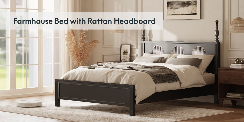 Queen Size Bed Frame with Rattan Woven Headboard and Roman Column Details, Solid Wood Slats, Reinforced Center Support Legs, 1,100 lbs Weight Capacity, 6" Under-Bed Clearance and Raised Footboard