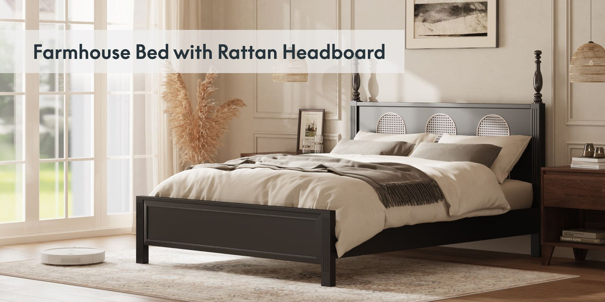 Queen Size Bed Frame with Rattan Woven Headboard and Roman Column Details, Solid Wood Slats, Reinforced Center Support Legs, 1,100 lbs Weight Capacity, 6" Under-Bed Clearance and Raised Footboard