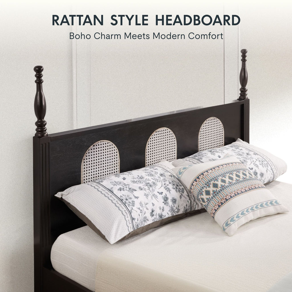 Queen Size Bed Frame with Rattan Woven Headboard and Roman Column Details, Solid Wood Slats, Reinforced Center Support Legs, 1,100 lbs Weight Capacity, 6" Under-Bed Clearance and Raised Footboard