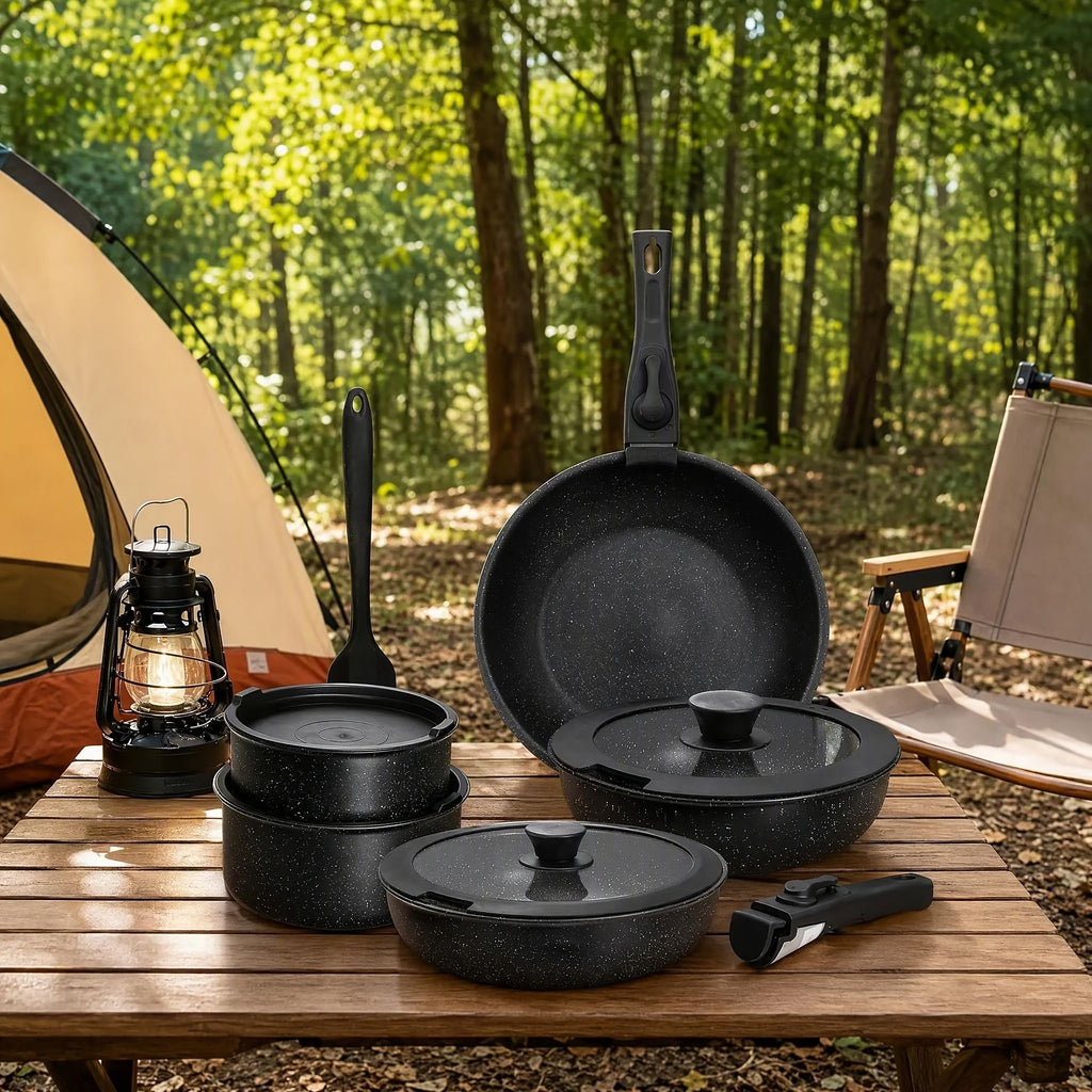 12pcs Camping Cookware Set, 2 Colors Nonstick Pots And Pans, PFAS-Free Ceramic Coating, Space-Saving Detachable Handle, Campfire & Induction Safe, Portable Mess Kit For RV, Backpacking, And Outdoor Co
