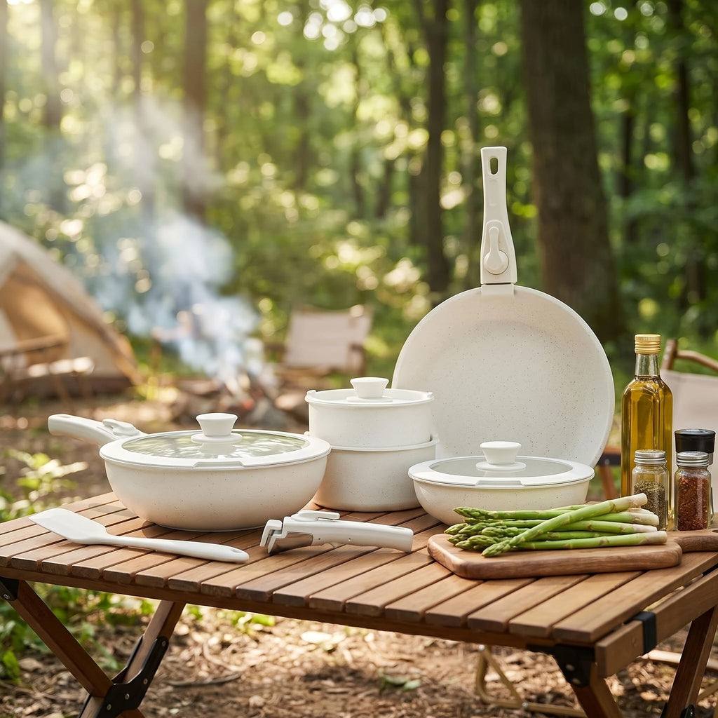 12pcs Camping Cookware Set, 2 Colors Nonstick Pots And Pans, PFAS-Free Ceramic Coating, Space-Saving Detachable Handle, Campfire & Induction Safe, Portable Mess Kit For RV, Backpacking, And Outdoor Co
