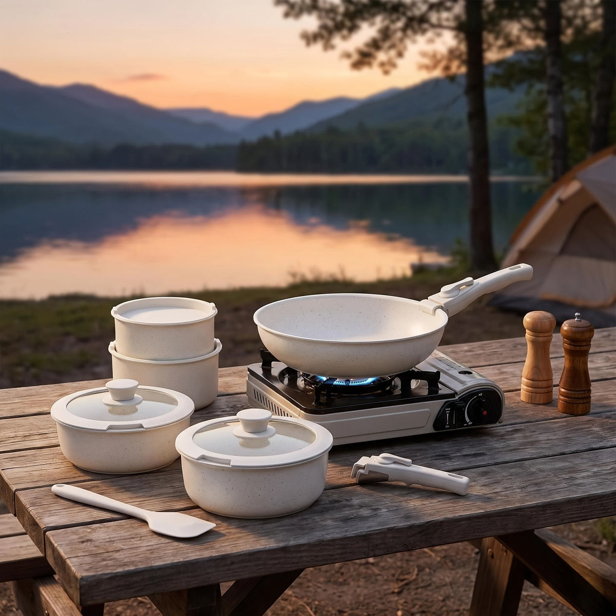 12pcs Camping Cookware Set, 2 Colors Nonstick Pots And Pans, PFAS-Free Ceramic Coating, Space-Saving Detachable Handle, Campfire & Induction Safe, Portable Mess Kit For RV, Backpacking, And Outdoor Co