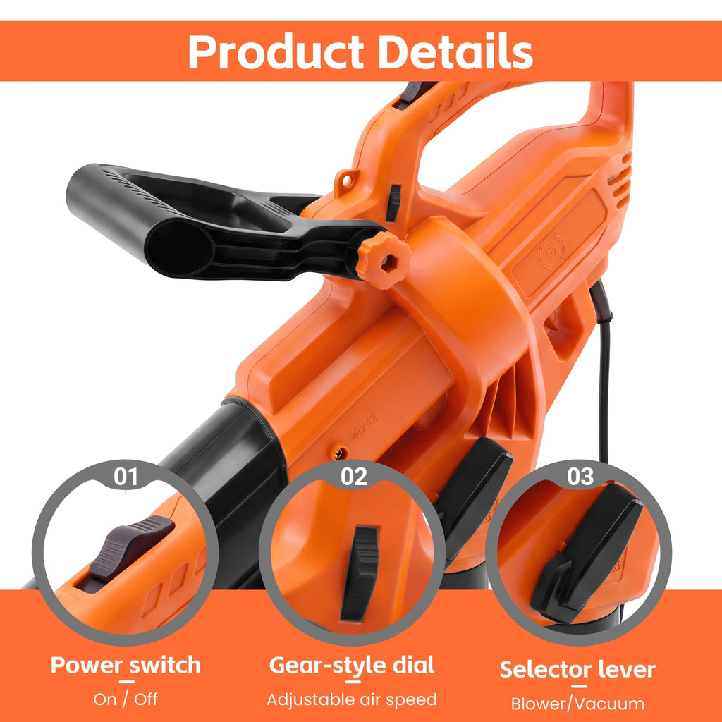 3-in-1 Corded Leaf Blower, Vacuum And Mulcher, 500 CFM 167 MPH Electric Yard Cleaner with 10.57gal Collection Bag