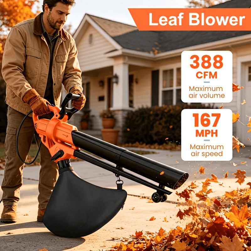 3-in-1 Corded Leaf Blower, Vacuum And Mulcher, 500 CFM 167 MPH Electric Yard Cleaner with 10.57gal Collection Bag