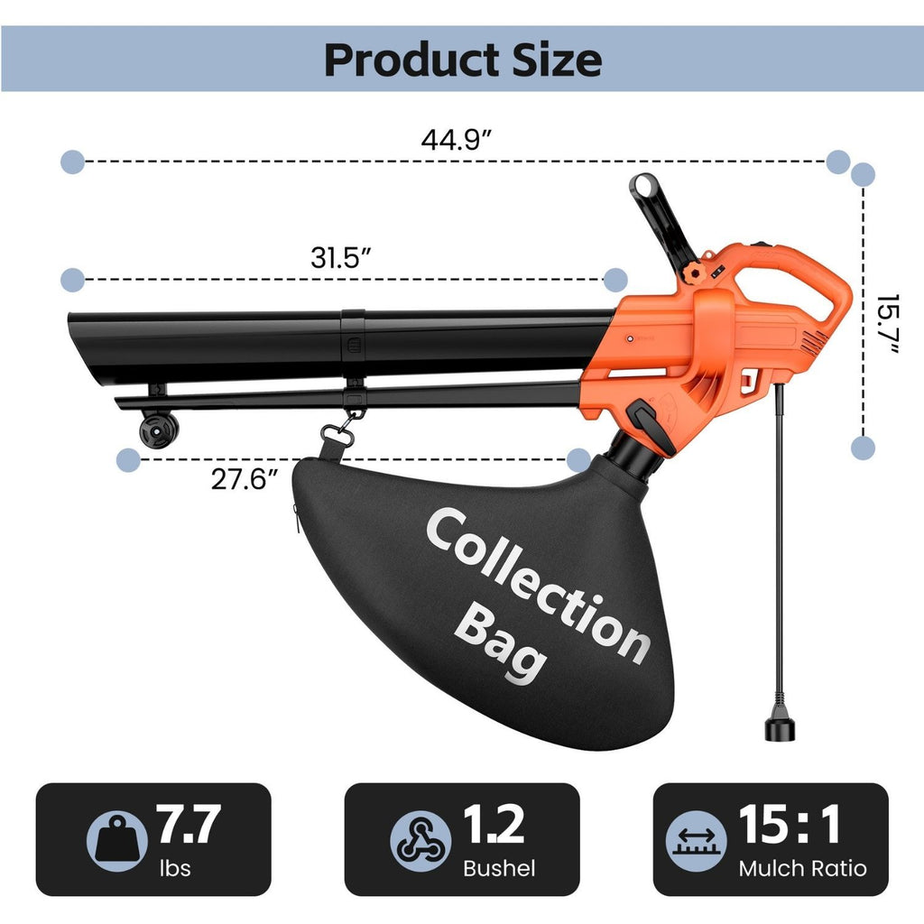 3-in-1 Corded Leaf Blower, Vacuum And Mulcher, 500 CFM 167 MPH Electric Yard Cleaner with 10.57gal Collection Bag