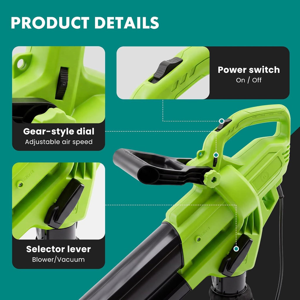 3-in-1 Corded Leaf Blower, Vacuum And Mulcher, 500 CFM 167 MPH Electric Yard Cleaner with 10.57gal Collection Bag