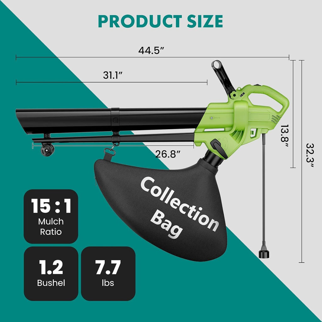 3-in-1 Corded Leaf Blower, Vacuum And Mulcher, 500 CFM 167 MPH Electric Yard Cleaner with 10.57gal Collection Bag
