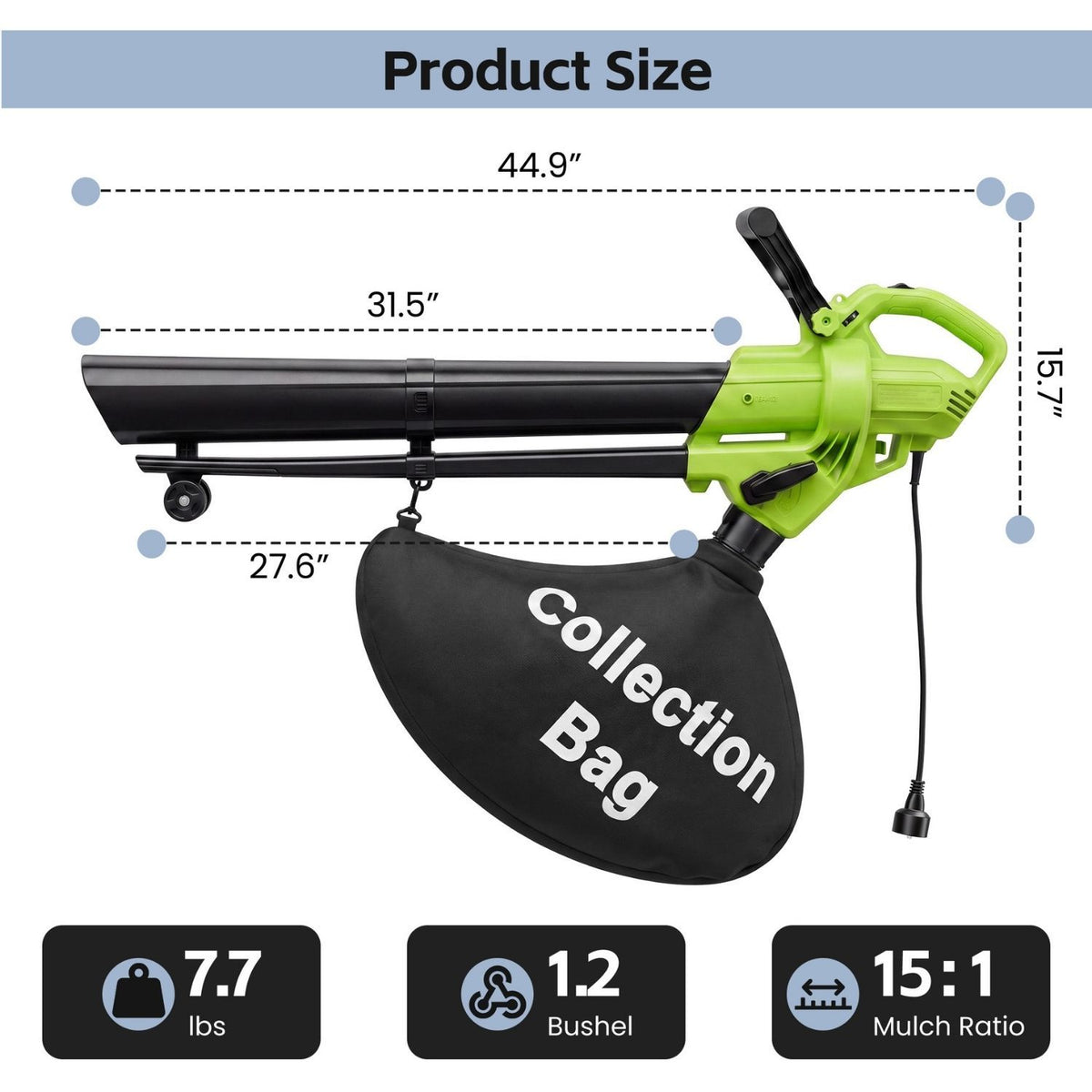 3-in-1 Corded Leaf Blower, Vacuum And Mulcher, 500 CFM 167 MPH Electric Yard Cleaner with 10.57gal Collection Bag