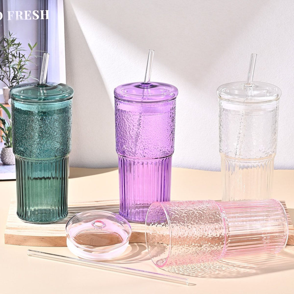 20 oz 2-pack glass straw cup with vertical pattern cup and lid, high borosilicate heat-resistant glass cup for juice, milk and cold drinks