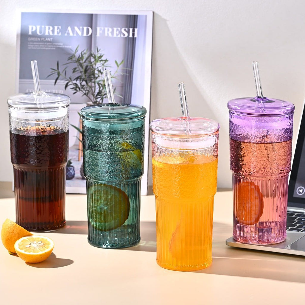 20 oz 2-pack glass straw cup with vertical pattern cup and lid, high borosilicate heat-resistant glass cup for juice, milk and cold drinks