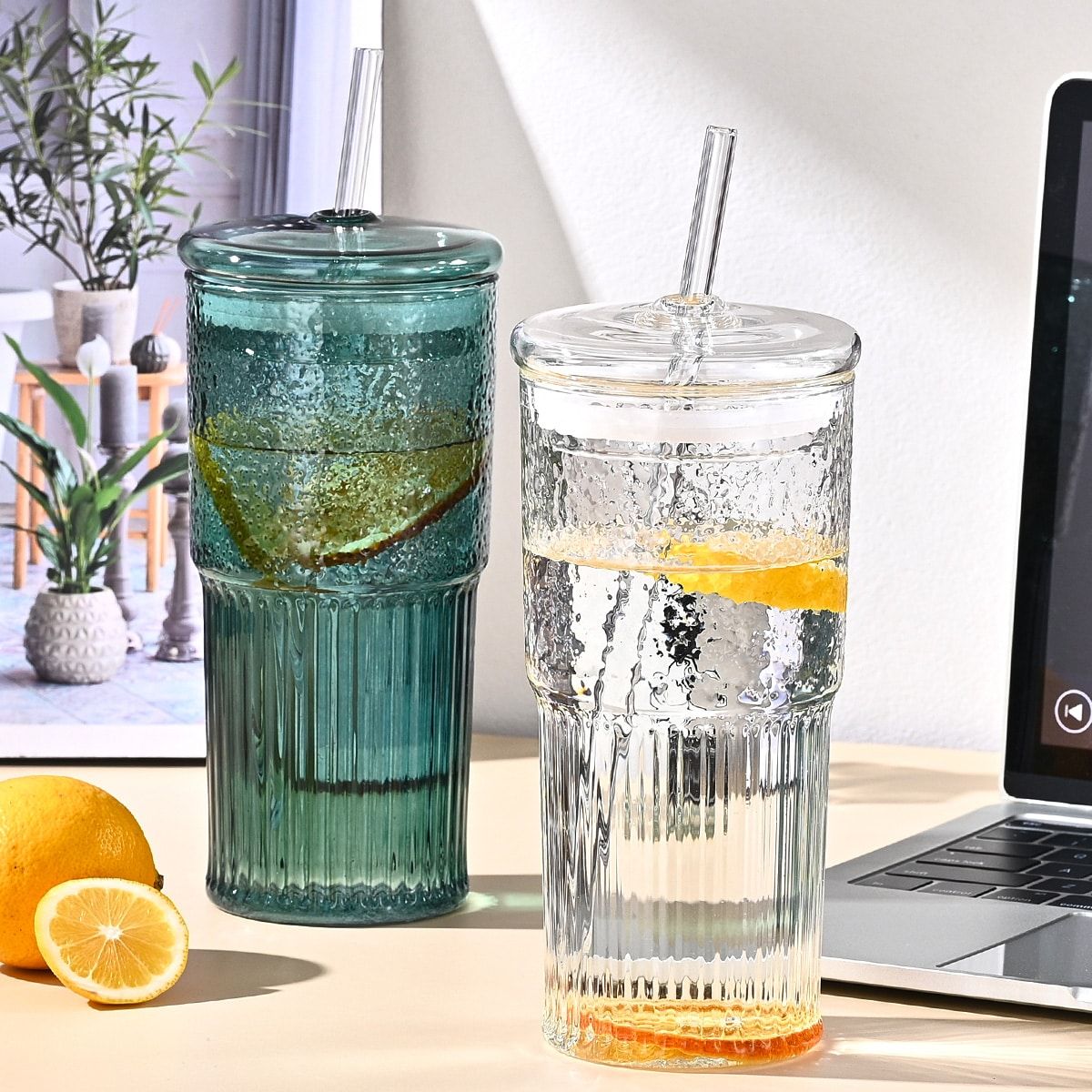 20 oz 2-pack glass straw cup with vertical pattern cup and lid, high borosilicate heat-resistant glass cup for juice, milk and cold drinks