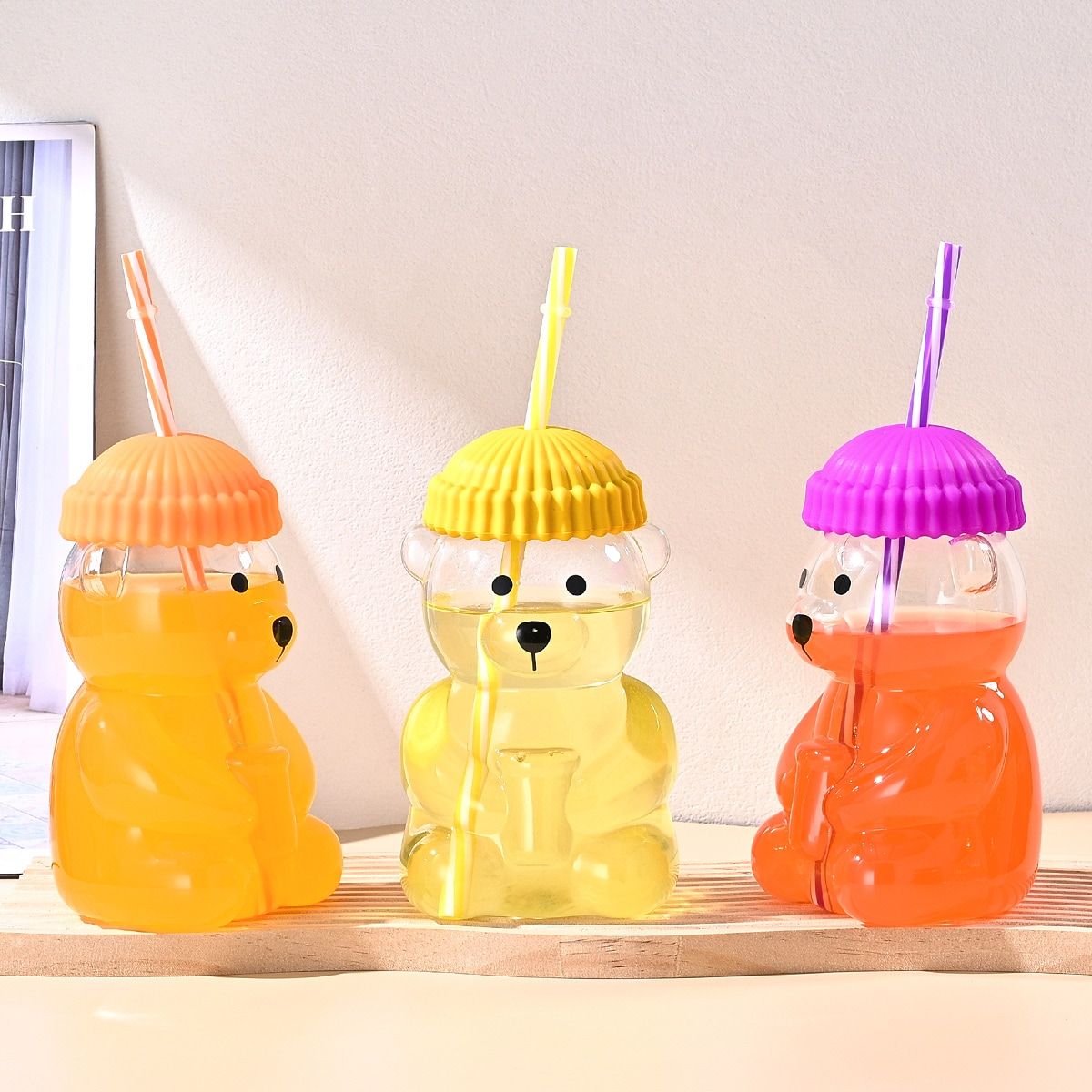 1 PCS 20 OZ Pink Little Bear Glass Straw Cup High Borosilicate Heat-resistant Glass Cup For Juice, Milk and Cold drinks