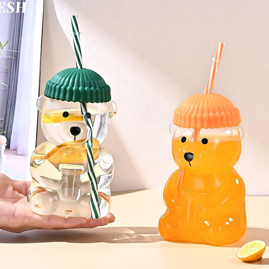 1 PCS 20 OZ Pink Little Bear Glass Straw Cup High Borosilicate Heat-resistant Glass Cup For Juice, Milk and Cold drinks
