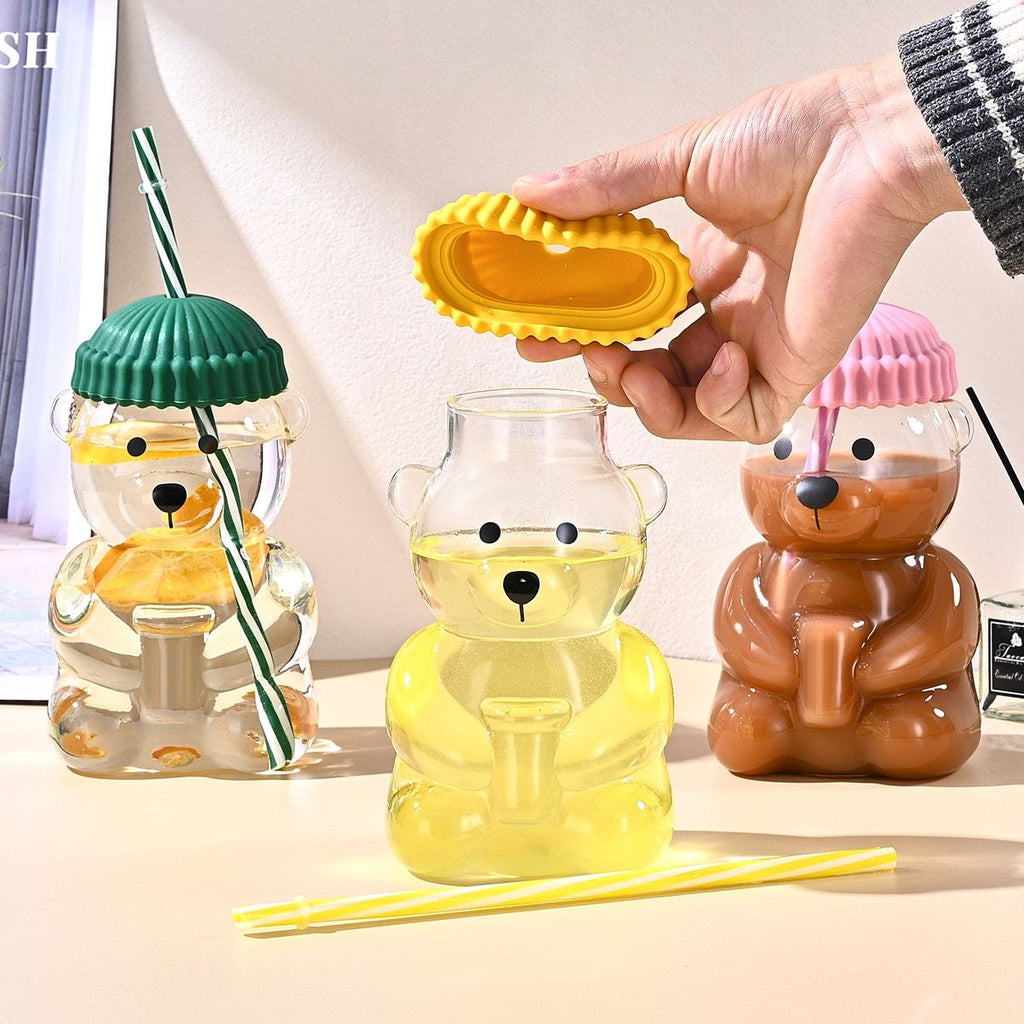 1 PCS 20 OZ Pink Little Bear Glass Straw Cup High Borosilicate Heat-resistant Glass Cup For Juice, Milk and Cold drinks