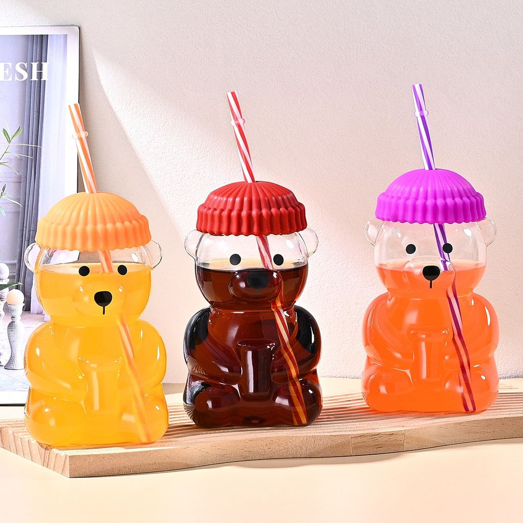 1 PCS 20 OZ Pink Little Bear Glass Straw Cup High Borosilicate Heat-resistant Glass Cup For Juice, Milk and Cold drinks