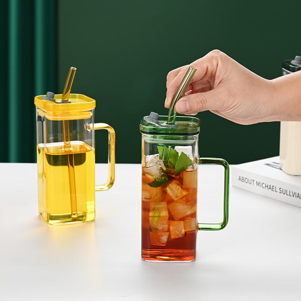 1 Pcs Green Glass Straw Cup, 6 Colors Square Glass Cup With Straw And Lid, High Borosilicate Glass Cup, Milk Cup, Juice Cup, Cold Drink Cup, Coffee Cup, Tea Cup, Office Cup, Gift Cup