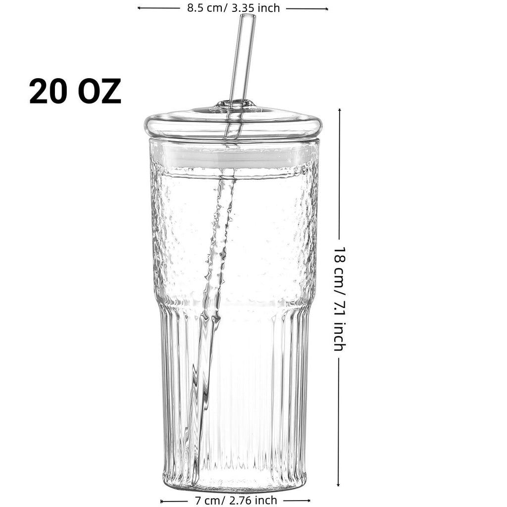 20 oz 2-pack pink glass straw cup with vertical pattern cup and lid, high borosilicate heat-resistant glass cup for juice, milk and cold drinks