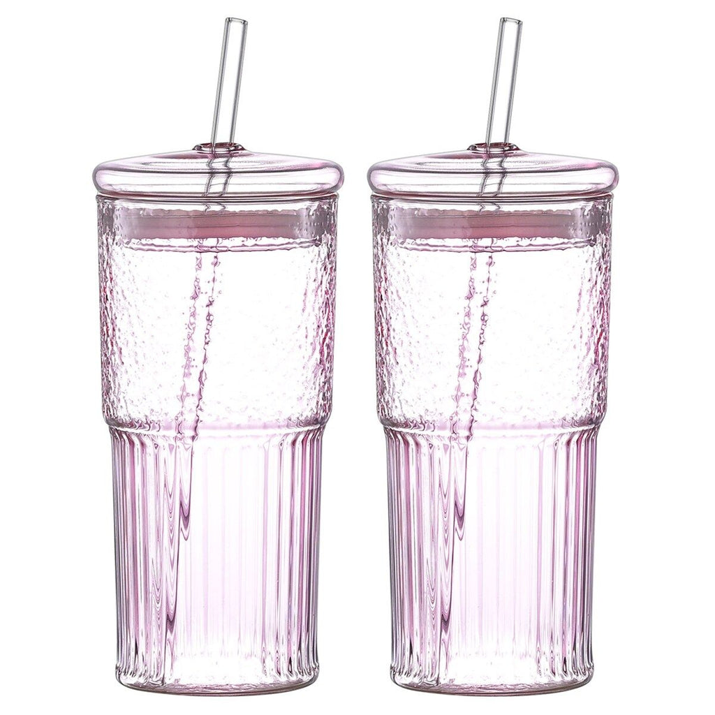 20 oz 2-pack pink glass straw cup with vertical pattern cup and lid, high borosilicate heat-resistant glass cup for juice, milk and cold drinks