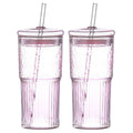 20 oz 2-pack pink glass straw cup with vertical pattern cup and lid, high borosilicate heat-resistant glass cup for juice, milk and cold drinks