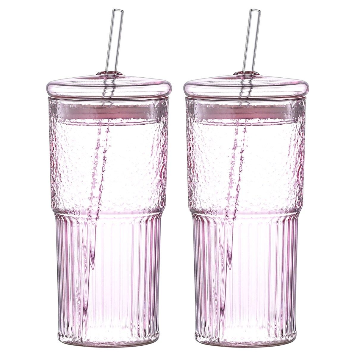 20 oz 2-pack pink glass straw cup with vertical pattern cup and lid, high borosilicate heat-resistant glass cup for juice, milk and cold drinks