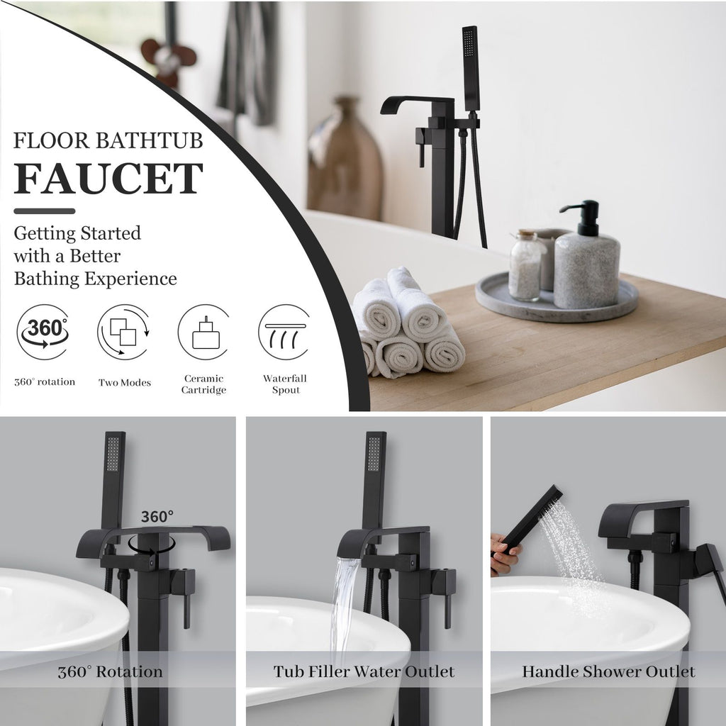 Certified Waterfall Tub Filler Freestanding Bathtub Faucet Black Floor Mount Brass Single Handle Bathroom Faucets with Hand Shower High Flow Export Trade
