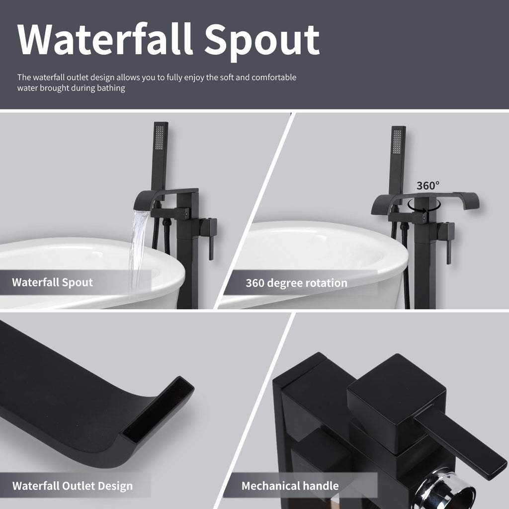 Certified Waterfall Tub Filler Freestanding Bathtub Faucet Black Floor Mount Brass Single Handle Bathroom Faucets with Hand Shower High Flow Export Trade