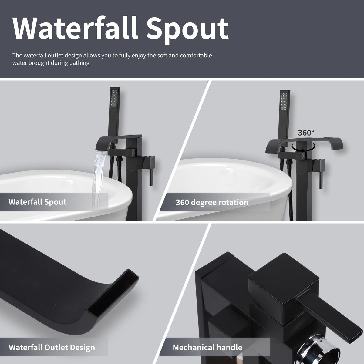 Certified Waterfall Tub Filler Freestanding Bathtub Faucet Black Floor Mount Brass Single Handle Bathroom Faucets with Hand Shower High Flow Export Trade