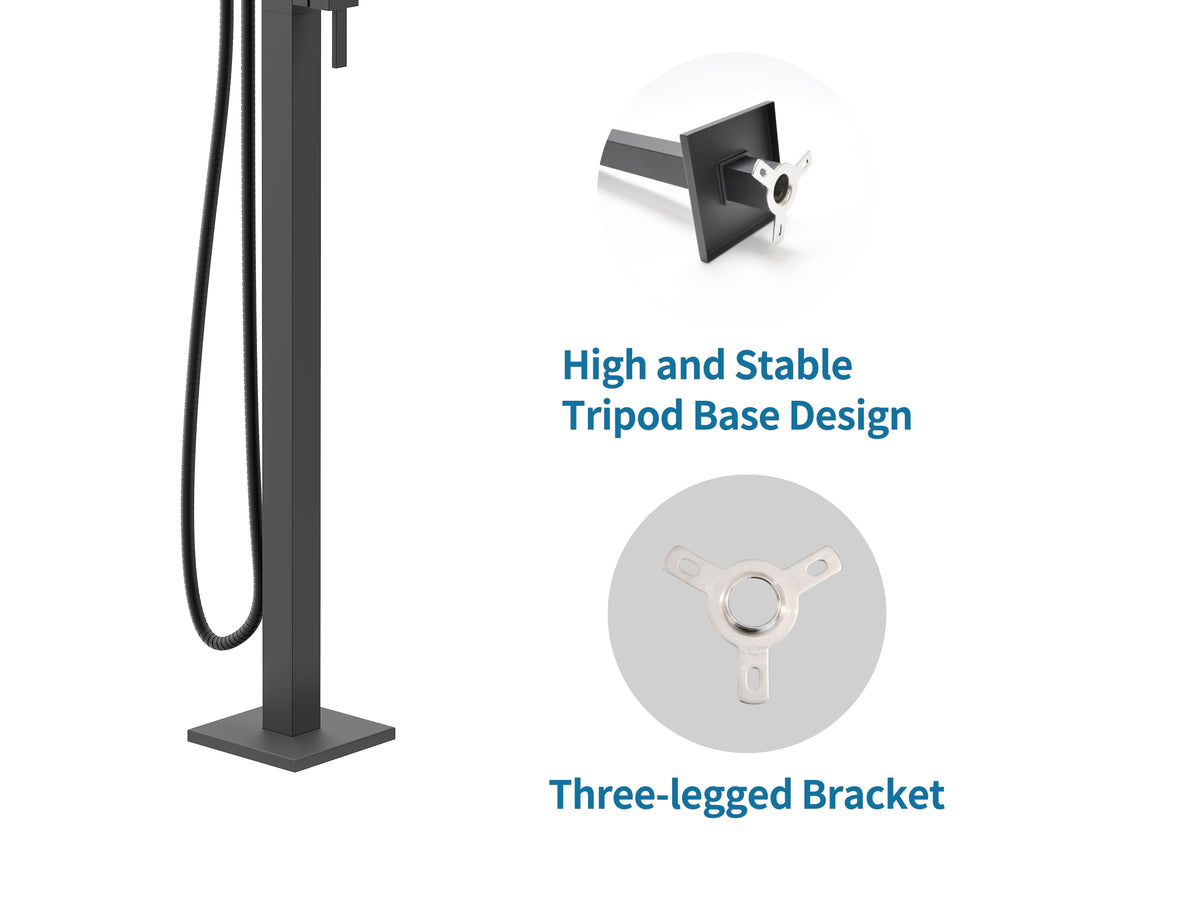 Certified Waterfall Tub Filler Freestanding Bathtub Faucet Black Floor Mount Brass Single Handle Bathroom Faucets with Hand Shower High Flow Export Trade