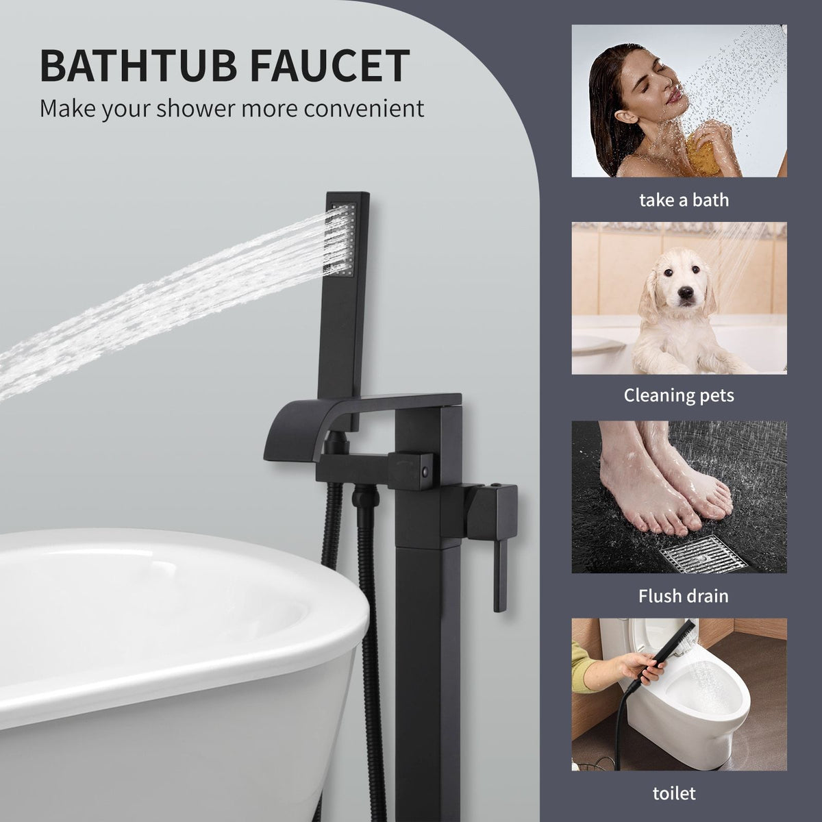 Certified Waterfall Tub Filler Freestanding Bathtub Faucet Black Floor Mount Brass Single Handle Bathroom Faucets with Hand Shower High Flow Export Trade