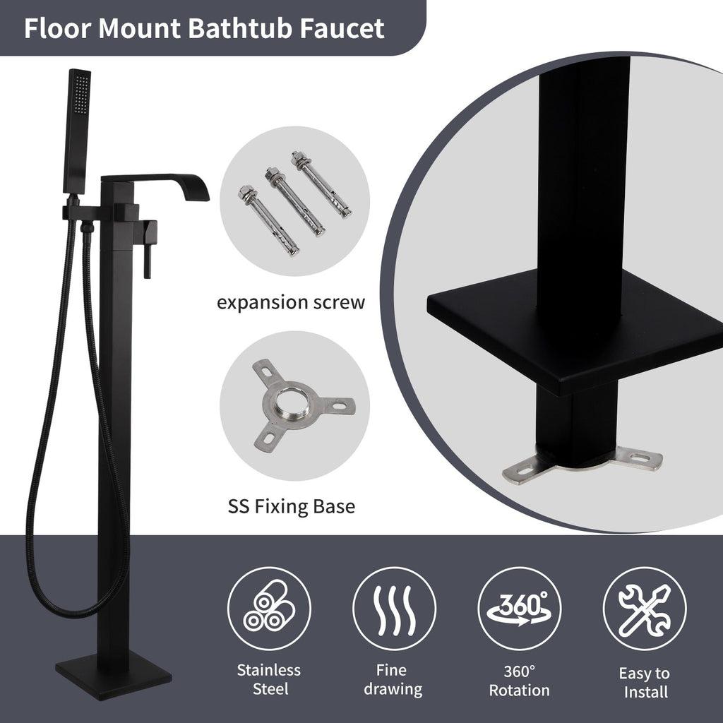 Certified Waterfall Tub Filler Freestanding Bathtub Faucet Black Floor Mount Brass Single Handle Bathroom Faucets with Hand Shower High Flow Export Trade