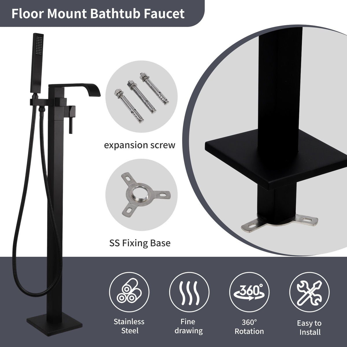 Certified Waterfall Tub Filler Freestanding Bathtub Faucet Black Floor Mount Brass Single Handle Bathroom Faucets with Hand Shower High Flow Export Trade