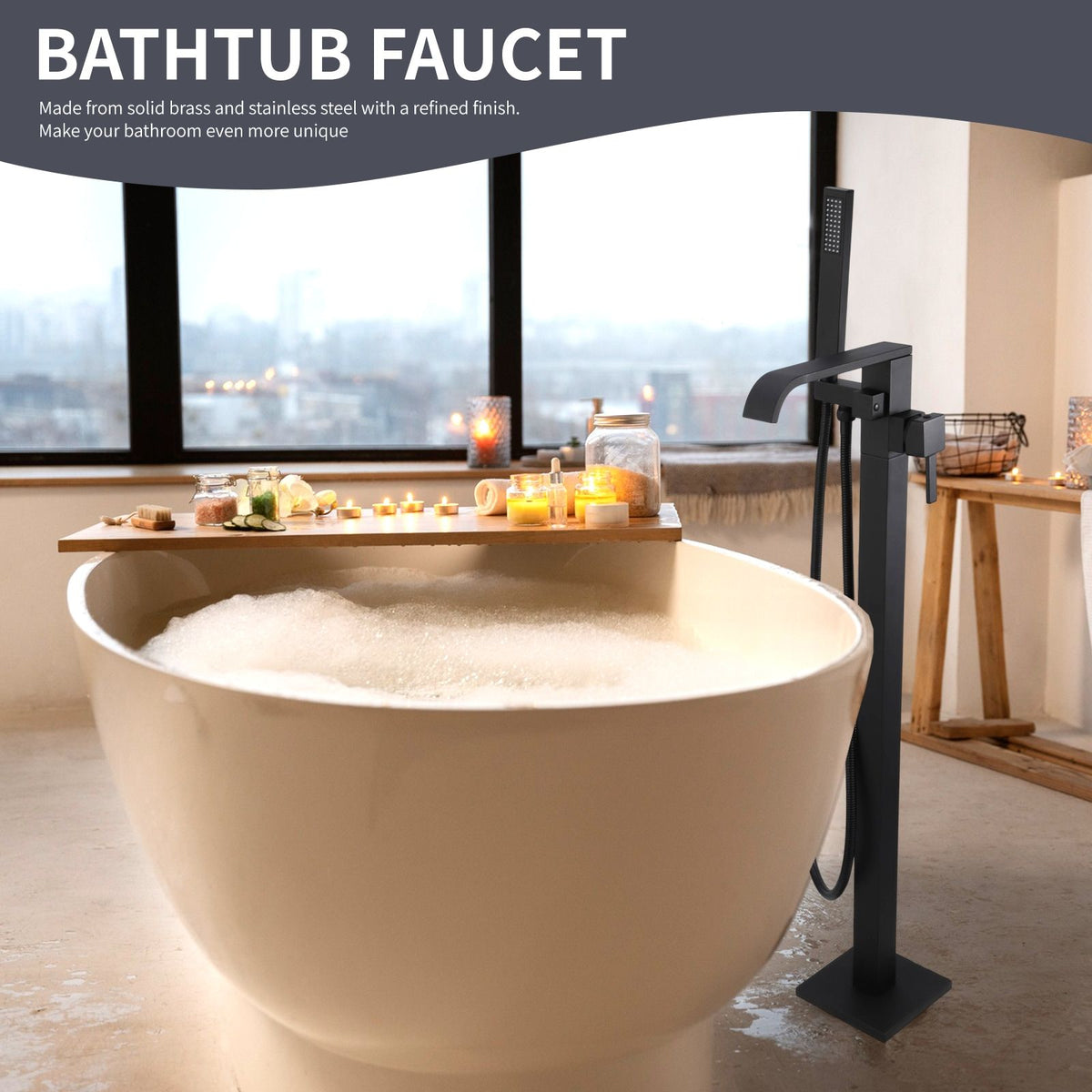 Certified Waterfall Tub Filler Freestanding Bathtub Faucet Black Floor Mount Brass Single Handle Bathroom Faucets with Hand Shower High Flow Export Trade