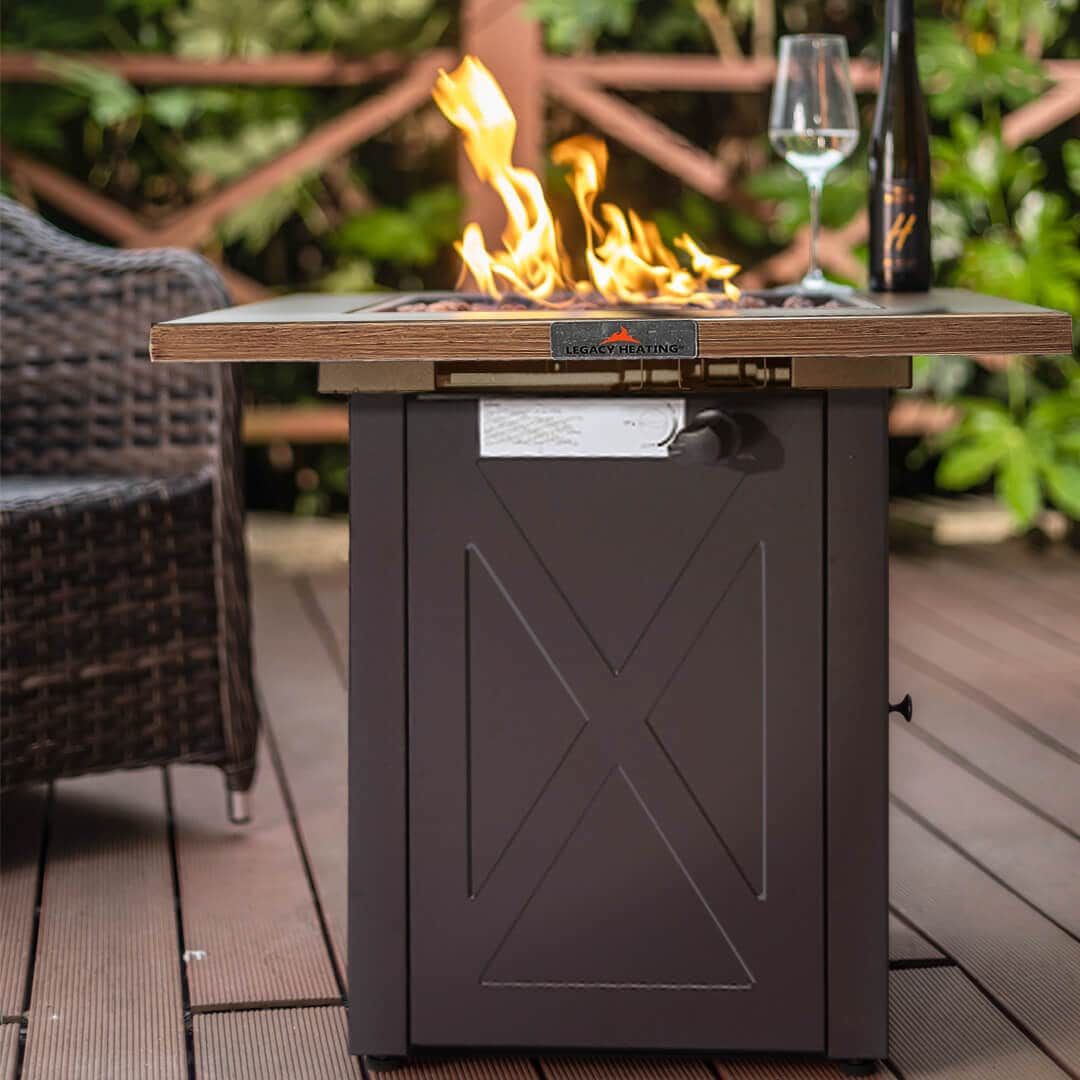 28 Inch Gas Fire Pit with Wood Table - Mocha