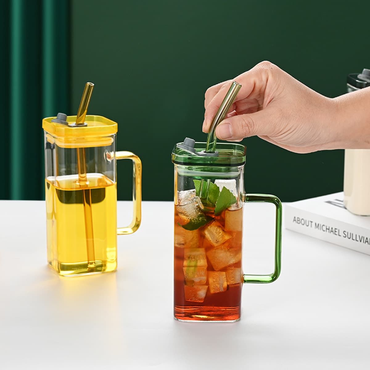 1 Pcs Transparent Glass Straw Cup, 6 Colors Square Glass Cup With Straw And Lid, High Borosilicate Glass Cup, Milk Cup, Juice Cup, Cold Drink Cup, Coffee Cup, Tea Cup, Office Cup, Gift Cup