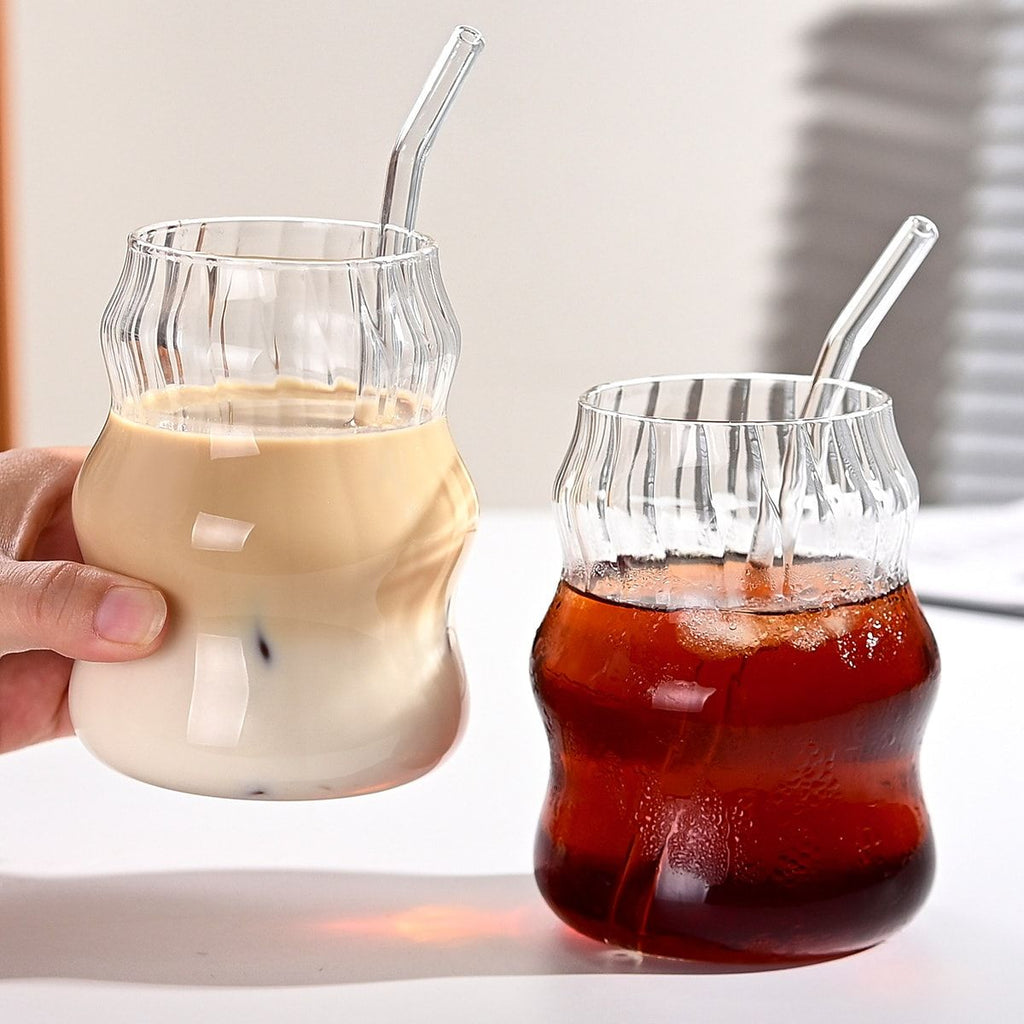 6 Pcs 19 Ounce Glass Straw Cup, Coffee Cup, Milk Cup, Juice Cup, Cold Drink Cup, Tea Cup, Water Cup, Office Cup, Striped Cloud Cup