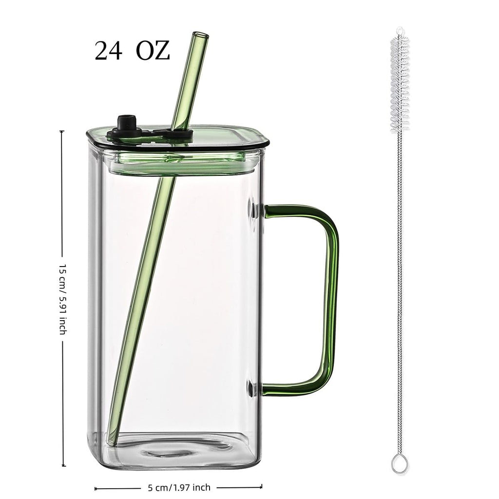 1 Pcs Green Glass Straw Cup, 4 Colors Square Glass Cup With Straw And Lid, High Borosilicate Glass Cup, Milk Cup, Juice Cup, Cold Drink Cup, Coffee Cup, Tea Cup, Office Cup, Gift Cup