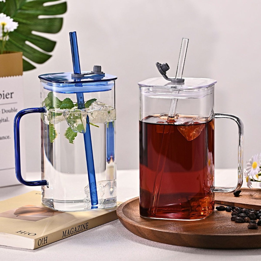 1 Pcs Green Glass Straw Cup, 4 Colors Square Glass Cup With Straw And Lid, High Borosilicate Glass Cup, Milk Cup, Juice Cup, Cold Drink Cup, Coffee Cup, Tea Cup, Office Cup, Gift Cup
