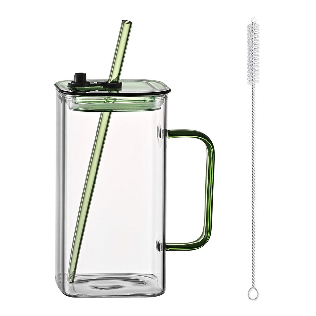 1 Pcs Green Glass Straw Cup, 4 Colors Square Glass Cup With Straw And Lid, High Borosilicate Glass Cup, Milk Cup, Juice Cup, Cold Drink Cup, Coffee Cup, Tea Cup, Office Cup, Gift Cup