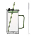 1 Pcs Green Glass Straw Cup, 4 Colors Square Glass Cup With Straw And Lid, High Borosilicate Glass Cup, Milk Cup, Juice Cup, Cold Drink Cup, Coffee Cup, Tea Cup, Office Cup, Gift Cup