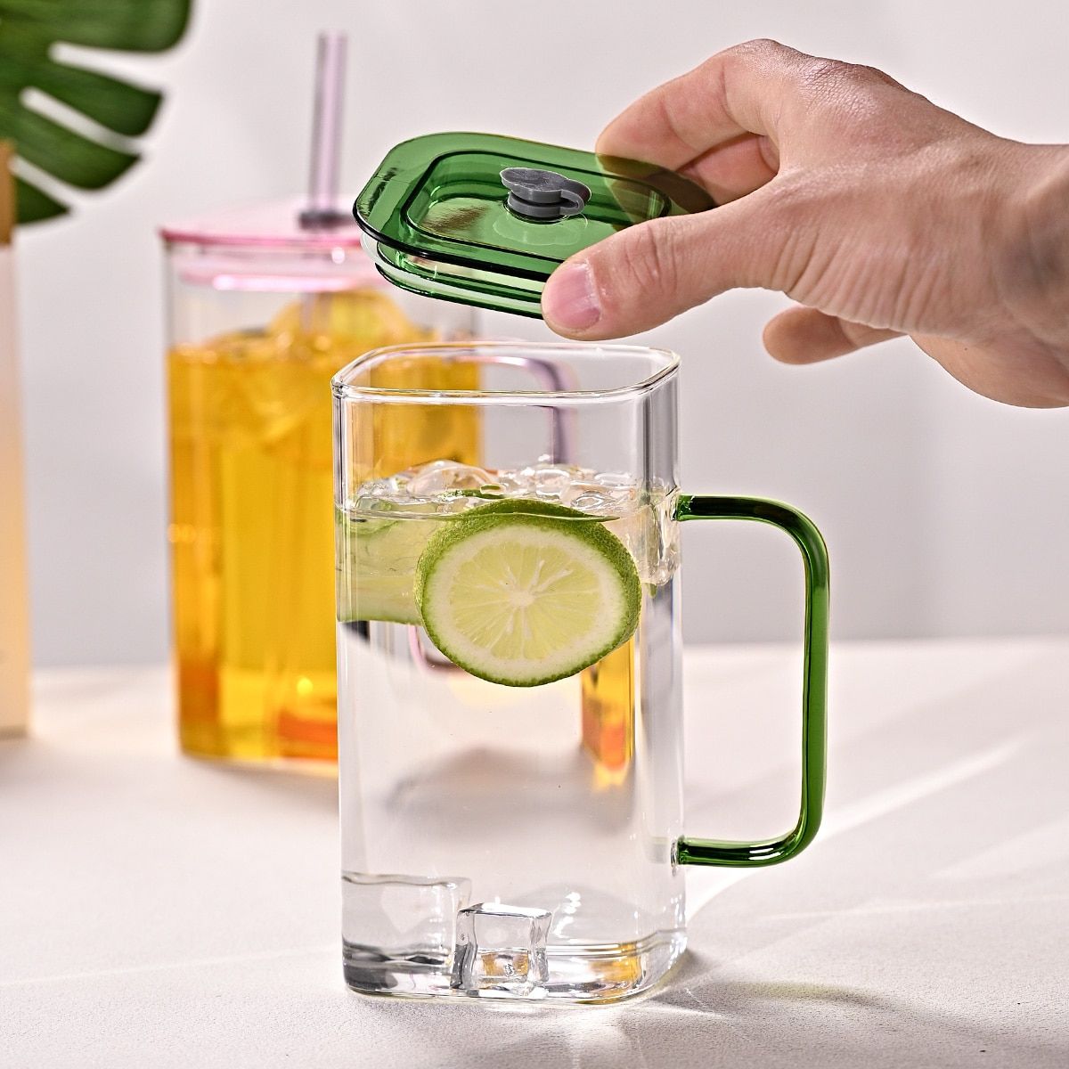 1 Pcs Green Glass Straw Cup, 4 Colors Square Glass Cup With Straw And Lid, High Borosilicate Glass Cup, Milk Cup, Juice Cup, Cold Drink Cup, Coffee Cup, Tea Cup, Office Cup, Gift Cup