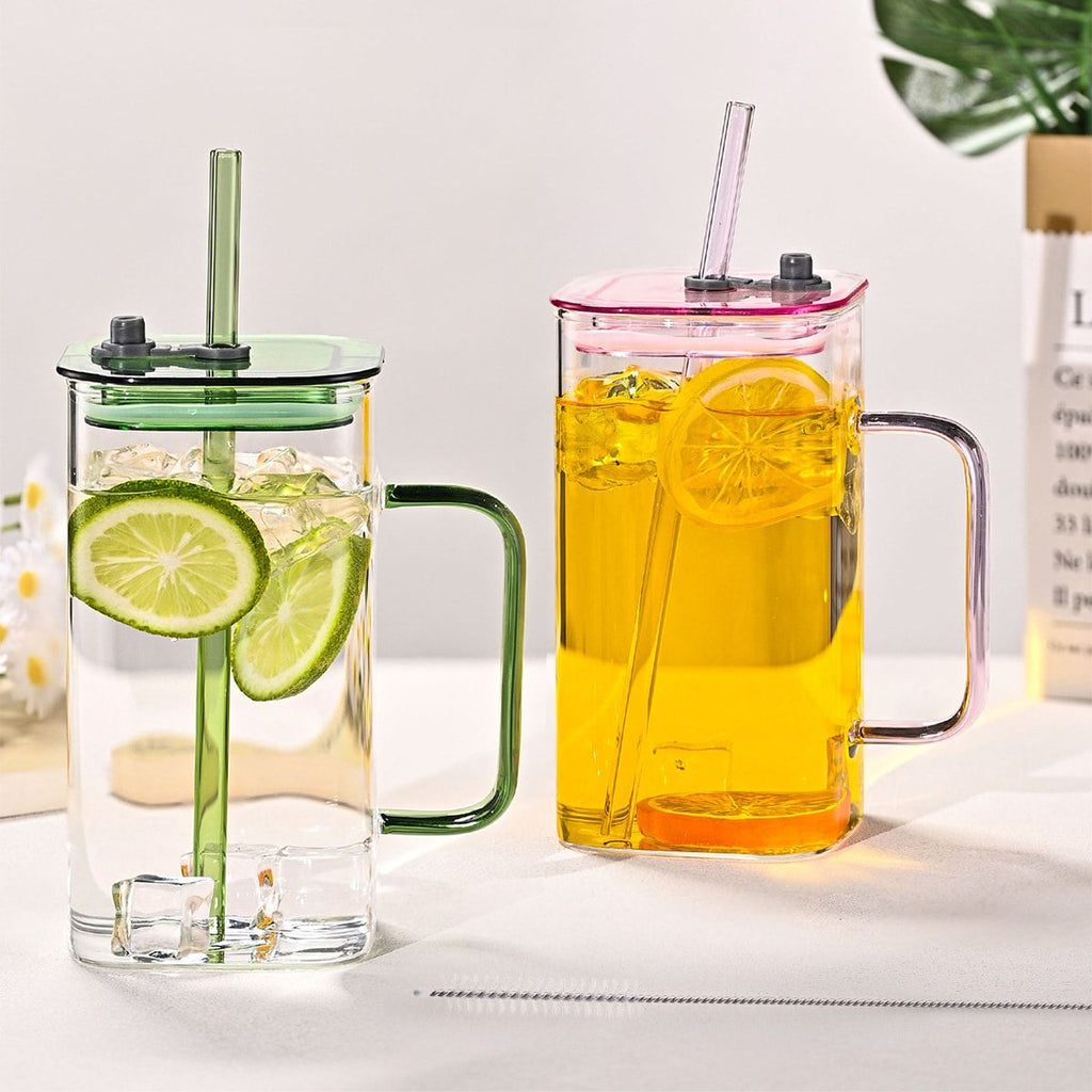 1 Pcs Green Glass Straw Cup, 4 Colors Square Glass Cup With Straw And Lid, High Borosilicate Glass Cup, Milk Cup, Juice Cup, Cold Drink Cup, Coffee Cup, Tea Cup, Office Cup, Gift Cup