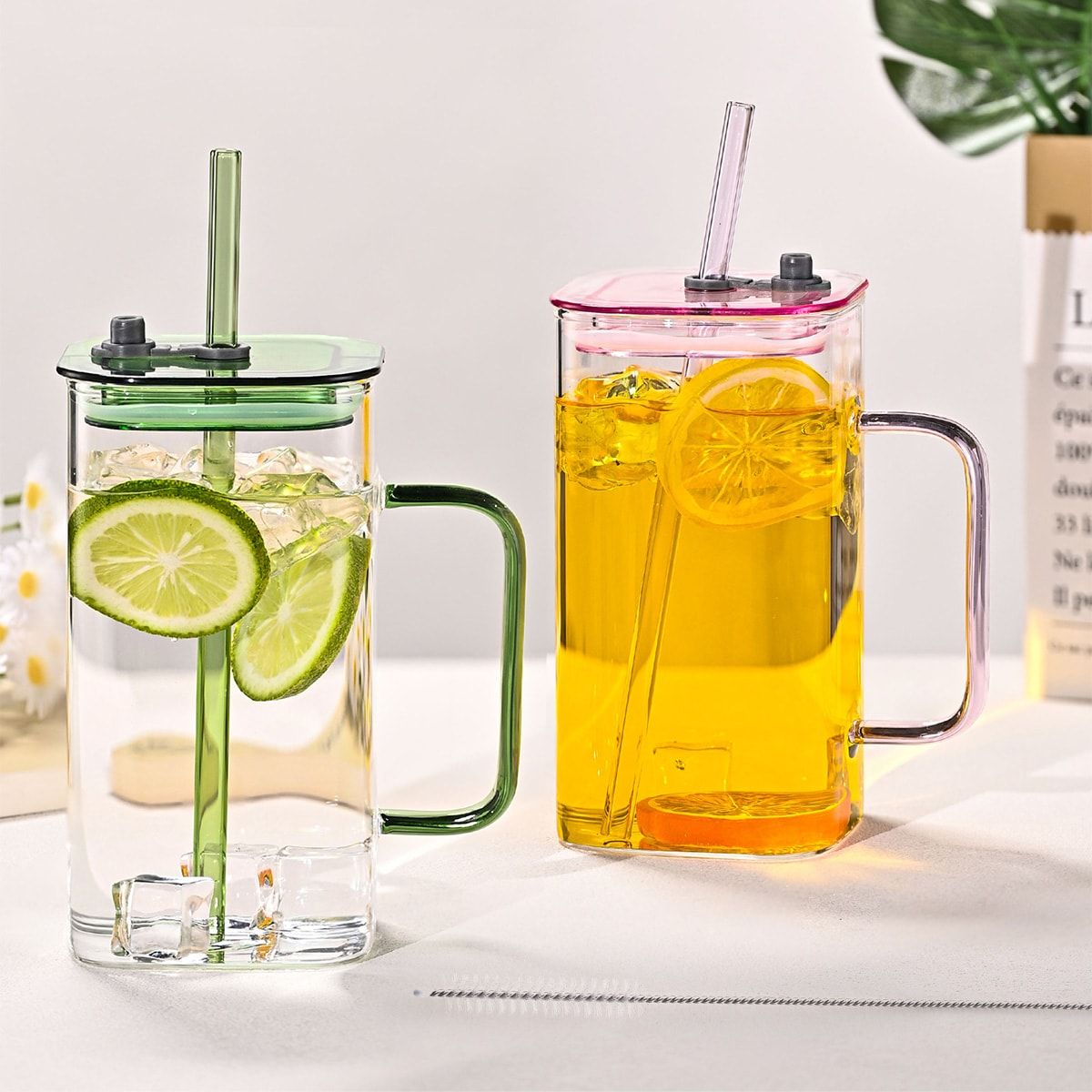 1 Pcs Green Glass Straw Cup, 4 Colors Square Glass Cup With Straw And Lid, High Borosilicate Glass Cup, Milk Cup, Juice Cup, Cold Drink Cup, Coffee Cup, Tea Cup, Office Cup, Gift Cup