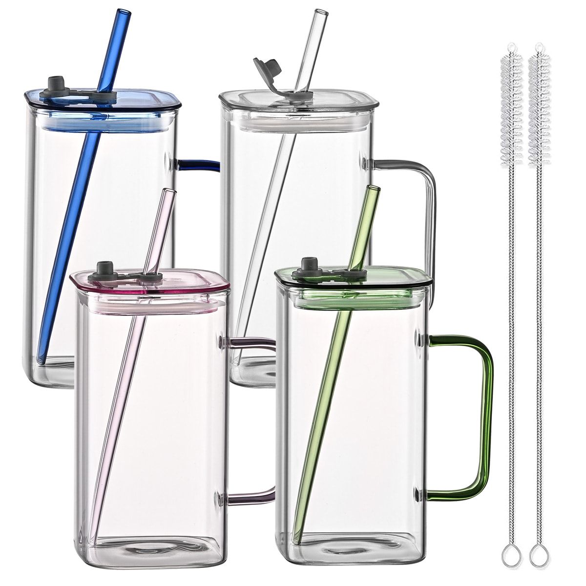 1 Pcs Green Glass Straw Cup, 4 Colors Square Glass Cup With Straw And Lid, High Borosilicate Glass Cup, Milk Cup, Juice Cup, Cold Drink Cup, Coffee Cup, Tea Cup, Office Cup, Gift Cup