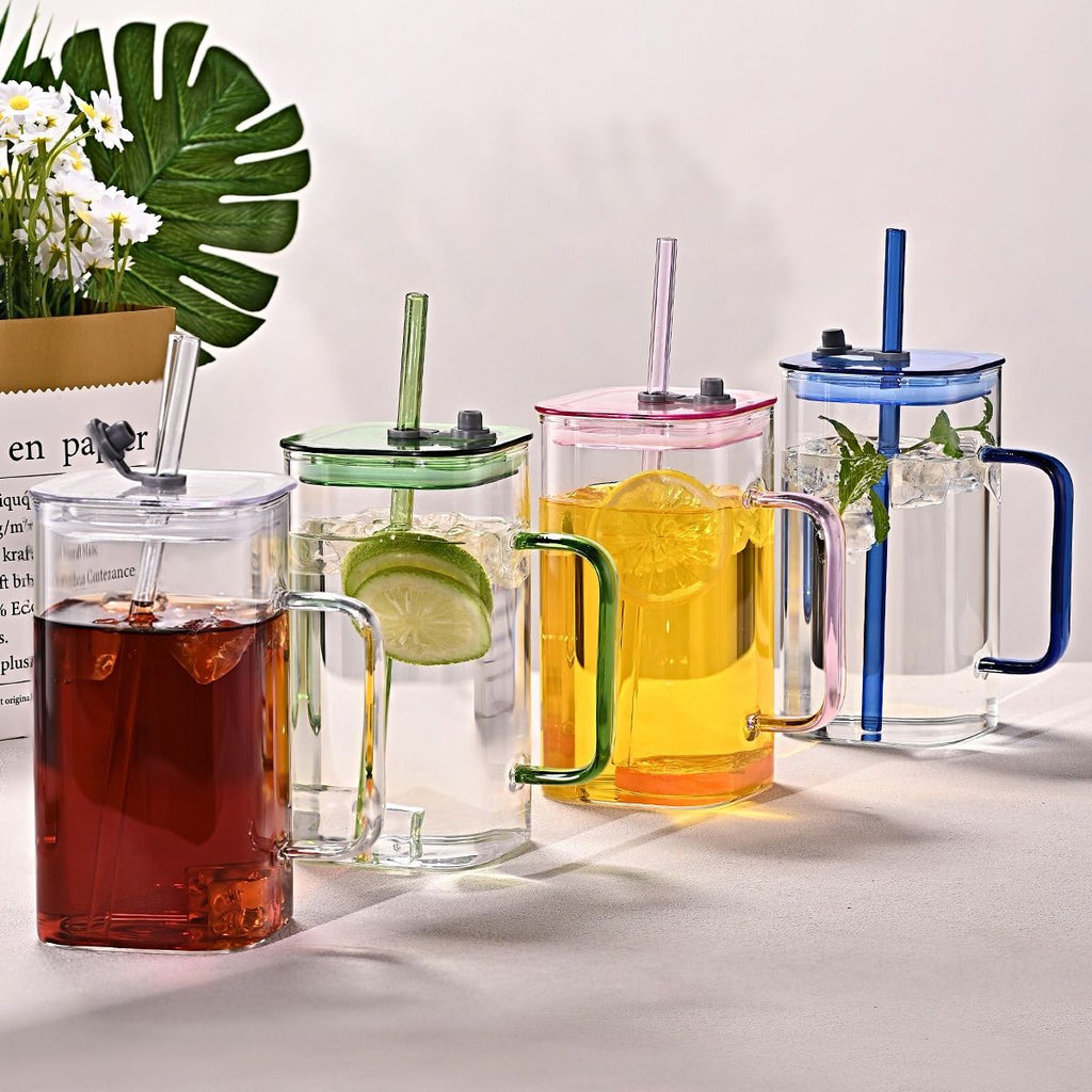 1 Pcs Green Glass Straw Cup, 4 Colors Square Glass Cup With Straw And Lid, High Borosilicate Glass Cup, Milk Cup, Juice Cup, Cold Drink Cup, Coffee Cup, Tea Cup, Office Cup, Gift Cup