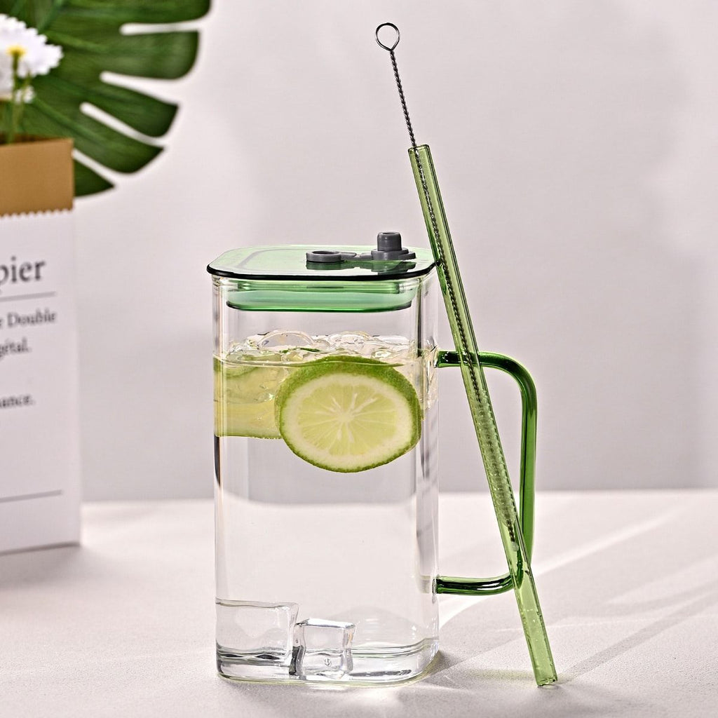 1 Pcs Green Glass Straw Cup, 4 Colors Square Glass Cup With Straw And Lid, High Borosilicate Glass Cup, Milk Cup, Juice Cup, Cold Drink Cup, Coffee Cup, Tea Cup, Office Cup, Gift Cup
