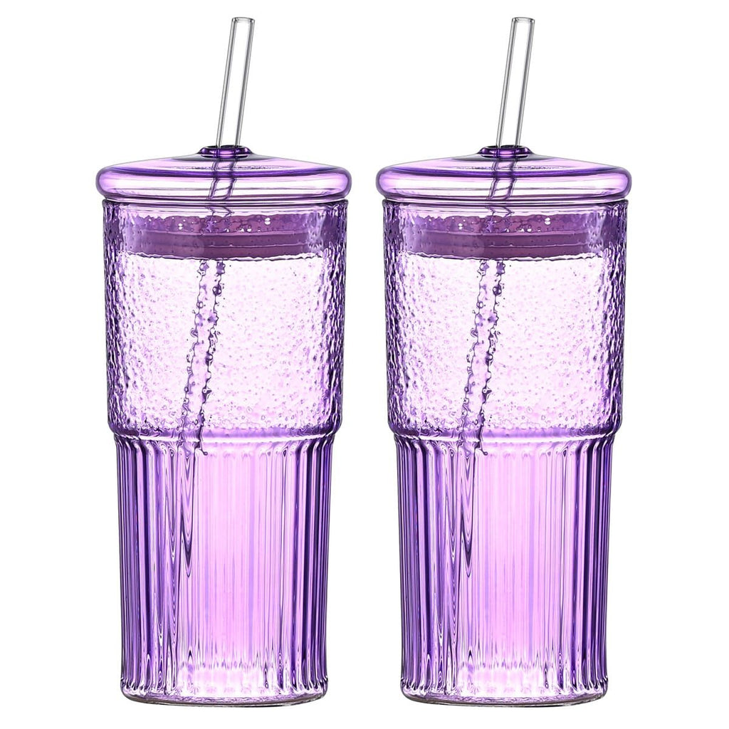 20 oz 2-pack purple glass straw cup with vertical pattern cup and lid, high borosilicate heat-resistant glass cup for juice, milk and cold drinks